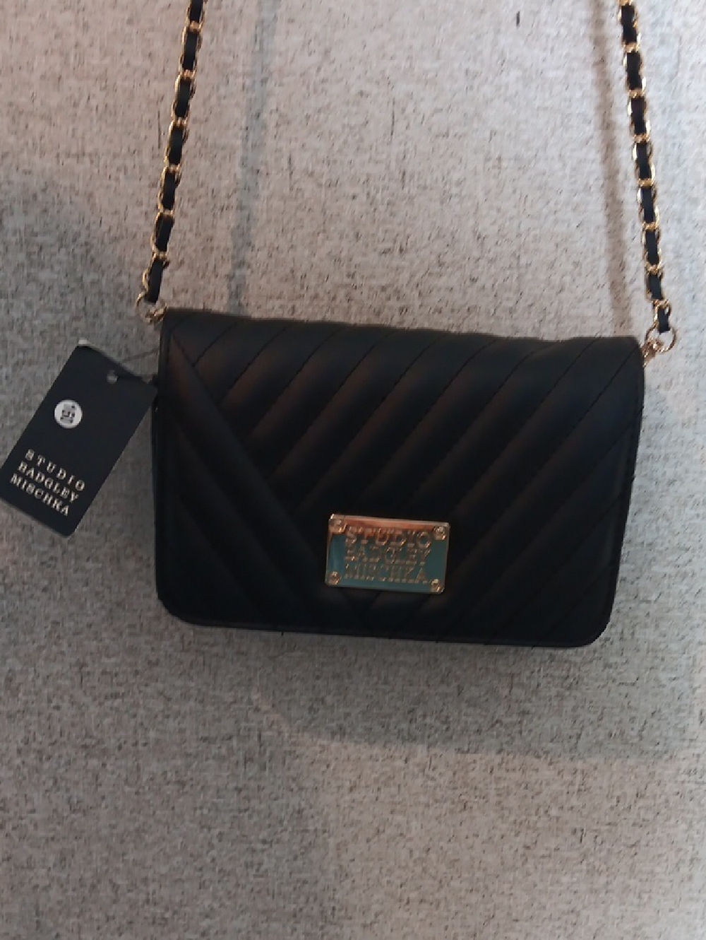 Studio Badgley Mischka-Quilted Black Crossbody with Gold Plate
